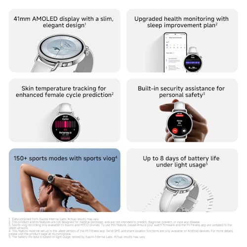 Xiaomi Watch S4 41mm, ultra-lightweight 32g body, Menstrual Cycle Prediction, 150+ sports modes, Safety Guardian Features, Xiaomi HyperOS 3, Fluororubber Strap(Mint Green)