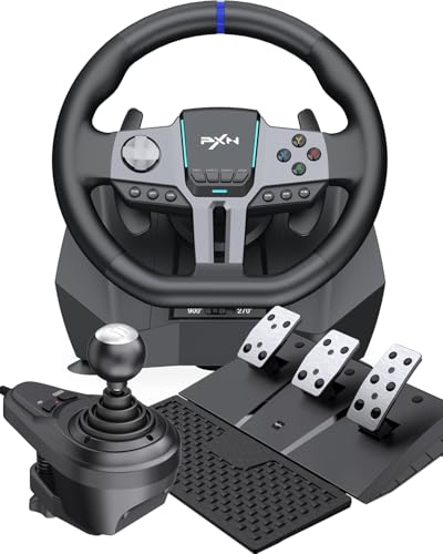 PXN V9 Gen2 Gaming Steering Wheel with Pedals and Shifter - 270°|900° Racing Wheel, Vibration Feedback, Hall Effect Pedal, H-Shifter, Paddle Shifters, Tools APP - Steering Wheel for PC, PS3, PS4, Xbox