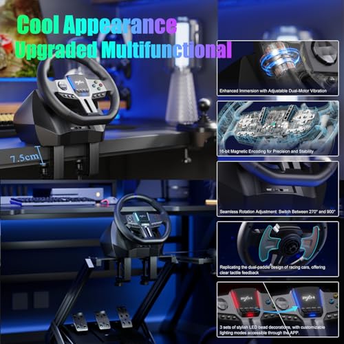 PXN V9 Gen2 Gaming Steering Wheel with Pedals and Shifter - 270°|900° Racing Wheel, Vibration Feedback, Hall Effect Pedal, H-Shifter, Paddle Shifters, Tools APP - Steering Wheel for PC, PS3, PS4, Xbox