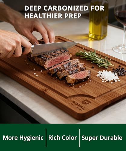ROYAL CRAFT WOOD Wooden Cutting Boards for Kitchen Meal Prep & Serving - Bamboo Wood Serving Board Set with Deep Juice Groove Side Handles - Charcuterie & Chopping Butcher Block for Meat (3 Pcs)