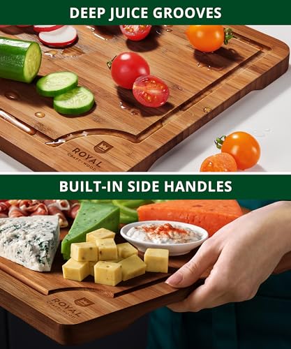 ROYAL CRAFT WOOD Wooden Cutting Boards for Kitchen Meal Prep & Serving - Bamboo Wood Serving Board Set with Deep Juice Groove Side Handles - Charcuterie & Chopping Butcher Block for Meat (3 Pcs)