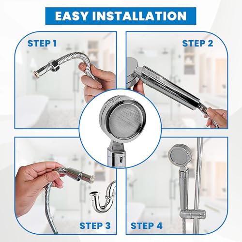 Stainless Steel Shower Head Set - Shower Head with 2 Shower Filter for Anti-Hair Fall and Soft Skin - 2m Shower Hose and Shower Holder - Handheld Shower - Shower Head Filter (Silver)