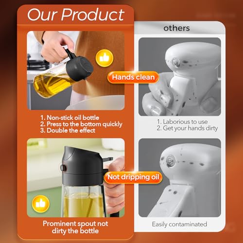 YARRAMATE Olive Oil Dispenser Bottle for Kitchen,2 in 1 Oil Sprayer for Cooking, 16oz/470ml Glass Oil Spray Bottle with Pourer, Food-grade Oil Mister for Air Fryer, Salad (02 Black)