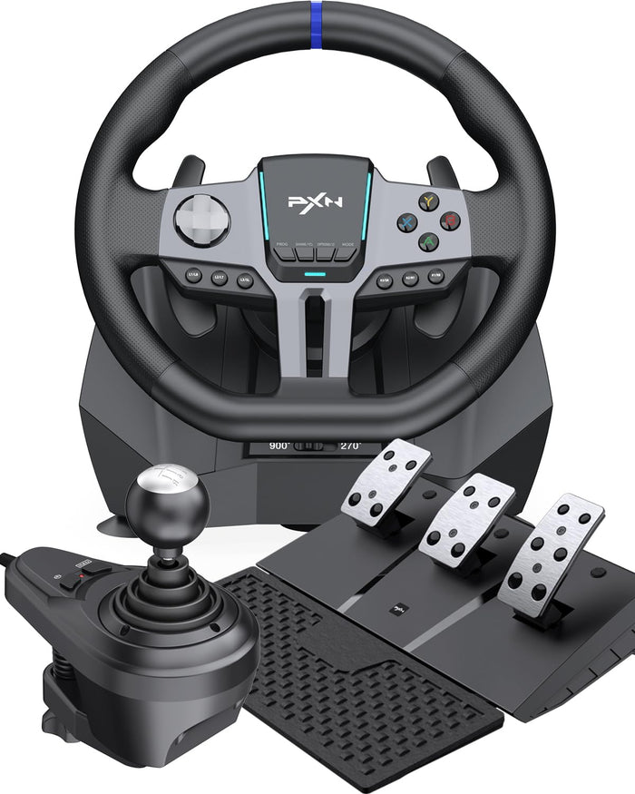 PXN V9 Gen2 Gaming Steering Wheel with Pedals and Shifter - 270°|900° Racing Wheel, Vibration Feedback, Hall Effect Pedal, H-Shifter, Paddle Shifters, Tools APP - Steering Wheel for PC, PS3, PS4, Xbox