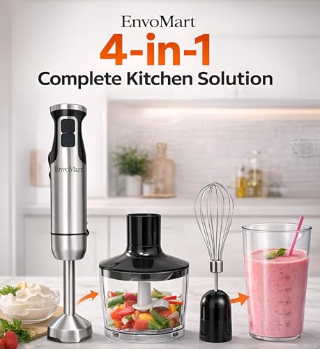 800W 4-in-1 Powerful Hand Blender Immersion Stick Mixer with Stainless Steel Titanium Coated Blade,2 Speed Control 860ml Chopper Bowl 600ml Beaker Whisk Electric Smoothie Soup Baby Food Maker
