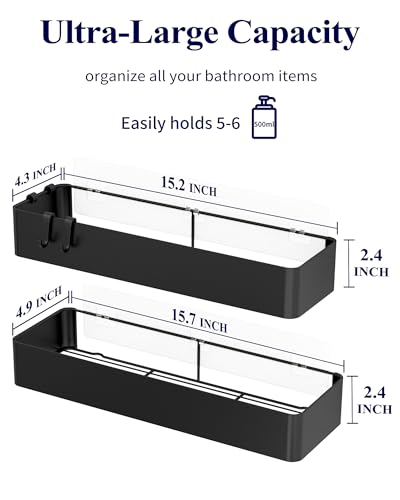 Kitsure X-Large Shower Caddy - 2 Pack Adhesive Organizer, Drill-Free Shelves For Inside Shower, Rustproof Stainless Steel Rack Bathroom, Black