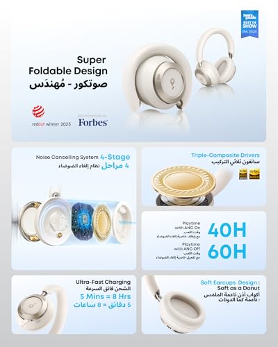 soundcore Space One Pro by Anker, Adaptive Active Noise Cancelling Headphones, Super Foldable Design, 60H Lossless Audio, Ultra-Fast Charging, Hi-Res Wireless Audio with LDAC, Comfortable Fit, White | Adaptive Active Noise Cancelling, 60H Playtime