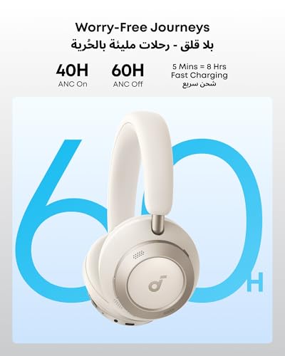 soundcore Space One Pro by Anker, Adaptive Active Noise Cancelling Headphones, Super Foldable Design, 60H Lossless Audio, Ultra-Fast Charging, Hi-Res Wireless Audio with LDAC, Comfortable Fit, White | Adaptive Active Noise Cancelling, 60H Playtime