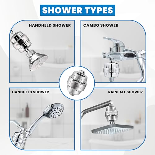 15 Stage Shower Filter with Anti Hair Fall Feature - Ideal for Hard Water, Chlorine, and Impurity Removal - Shower Head Filter with KDF & Calcium Sulphite Beans (Single Cartridge)