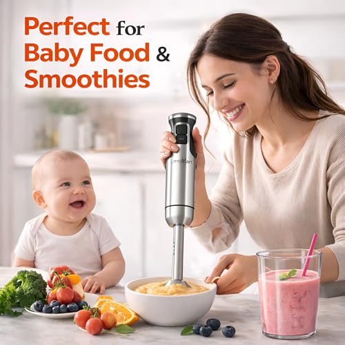 800W 4-in-1 Powerful Hand Blender Immersion Stick Mixer with Stainless Steel Titanium Coated Blade,2 Speed Control 860ml Chopper Bowl 600ml Beaker Whisk Electric Smoothie Soup Baby Food Maker