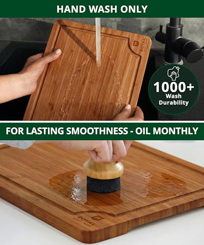 ROYAL CRAFT WOOD Wooden Cutting Boards for Kitchen Meal Prep & Serving - Bamboo Wood Serving Board Set with Deep Juice Groove Side Handles - Charcuterie & Chopping Butcher Block for Meat (3 Pcs)