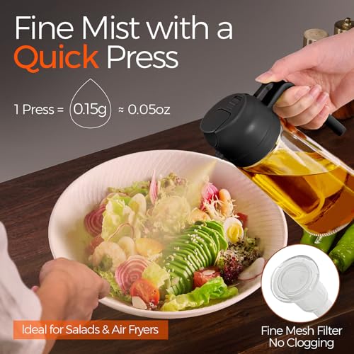 YARRAMATE Olive Oil Dispenser Bottle for Kitchen，2 in 1 Oil Sprayer for Cooking, 16oz/470ml Glass Oil Spray Bottle with Pourer, Food-grade Oil Mister for Air Fryer, Salad (02 Black)