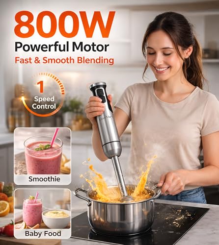 800W 4-in-1 Powerful Hand Blender Immersion Stick Mixer with Stainless Steel Titanium Coated Blade,2 Speed Control 860ml Chopper Bowl 600ml Beaker Whisk Electric Smoothie Soup Baby Food Maker