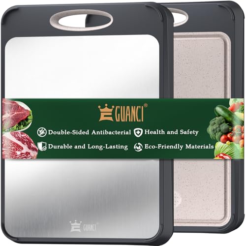 GUANCI Cutting Board,Large 16”×11” 316 Stainless Steel Cutting Board Kitchen,Food-Grade Rice Husk Fiber Chopping Board with Wheat Straw PP,Double-Side using,Easy-Grip Handle