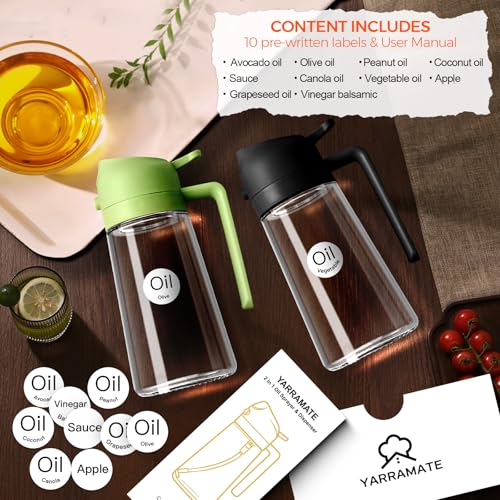 YARRAMATE Olive Oil Dispenser Bottle for Kitchen，2 in 1 Oil Sprayer for Cooking, 16oz/470ml Glass Oil Spray Bottle with Pourer, Food-grade Oil Mister for Air Fryer, Salad (02 Black)