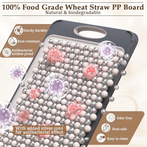 GUANCI Cutting Board,Large 16”×11” 316 Stainless Steel Cutting Board Kitchen,Food-Grade Rice Husk Fiber Chopping Board with Wheat Straw PP,Double-Side using,Easy-Grip Handle