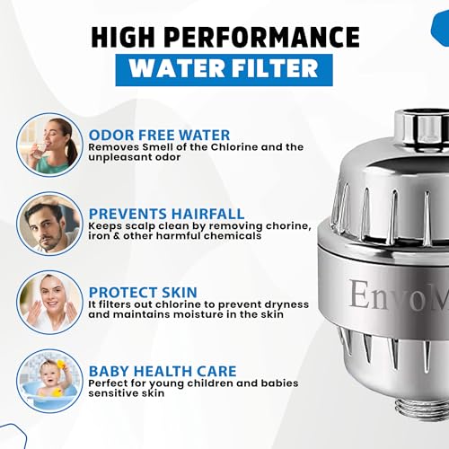 15 Stage Shower Filter with Anti Hair Fall Feature - Ideal for Hard Water, Chlorine, and Impurity Removal - Shower Head Filter with KDF & Calcium Sulphite Beans (Single Cartridge)
