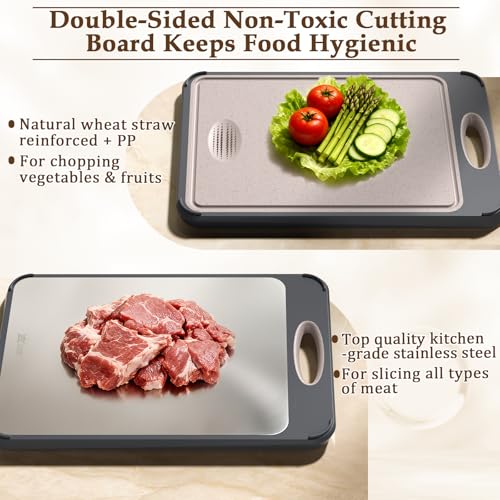 GUANCI Cutting Board,Large 16”×11” 316 Stainless Steel Cutting Board Kitchen,Food-Grade Rice Husk Fiber Chopping Board with Wheat Straw PP,Double-Side using,Easy-Grip Handle