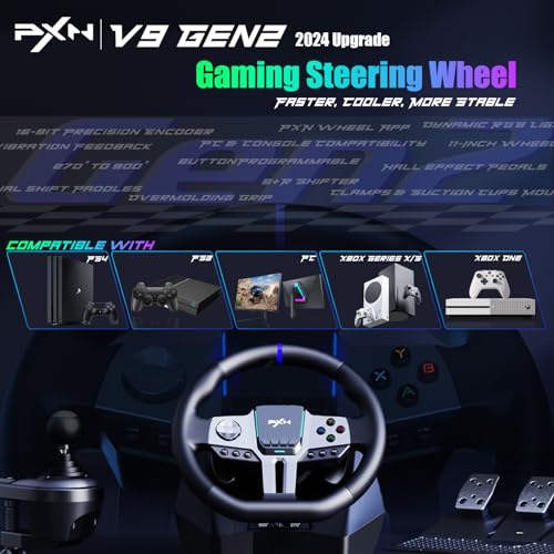 PXN V9 Gen2 Gaming Steering Wheel with Pedals and Shifter - 270°|900° Racing Wheel, Vibration Feedback, Hall Effect Pedal, H-Shifter, Paddle Shifters, Tools APP - Steering Wheel for PC, PS3, PS4, Xbox