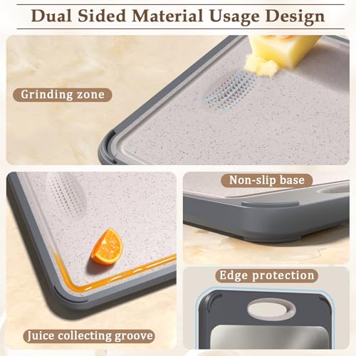 GUANCI Cutting Board,Large 16”×11” 316 Stainless Steel Cutting Board Kitchen,Food-Grade Rice Husk Fiber Chopping Board with Wheat Straw PP,Double-Side using,Easy-Grip Handle