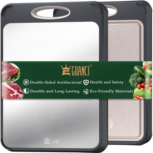 GUANCI Cutting Board,Large 16”×11” 316 Stainless Steel Cutting Board Kitchen,Food-Grade Rice Husk Fiber Chopping Board with Wheat Straw PP,Double-Side using,Easy-Grip Handle