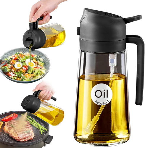 YARRAMATE Olive Oil Dispenser Bottle for Kitchen，2 in 1 Oil Sprayer for Cooking, 16oz/470ml Glass Oil Spray Bottle with Pourer, Food-grade Oil Mister for Air Fryer, Salad (02 Black)