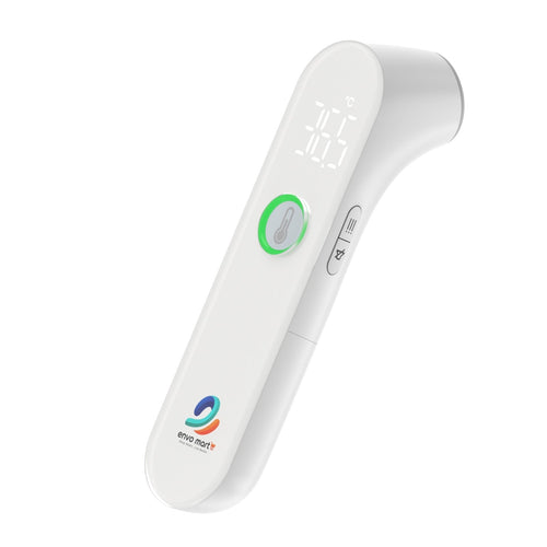 EnvoMart non-contact infrared forehead thermometer, white, angled view