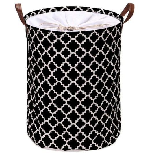 Large Round Cotton Linen Hamper with Leather Handle (Black)