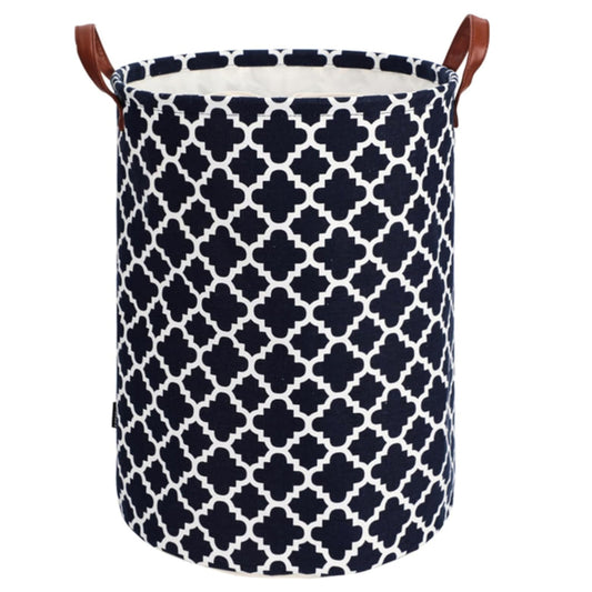 Large Round Cotton Linen Hamper with Leather Handle (Dark Blue)