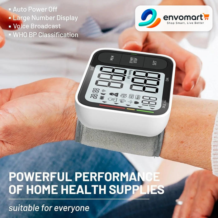 envomart wrist BP monitor worn on the wrist